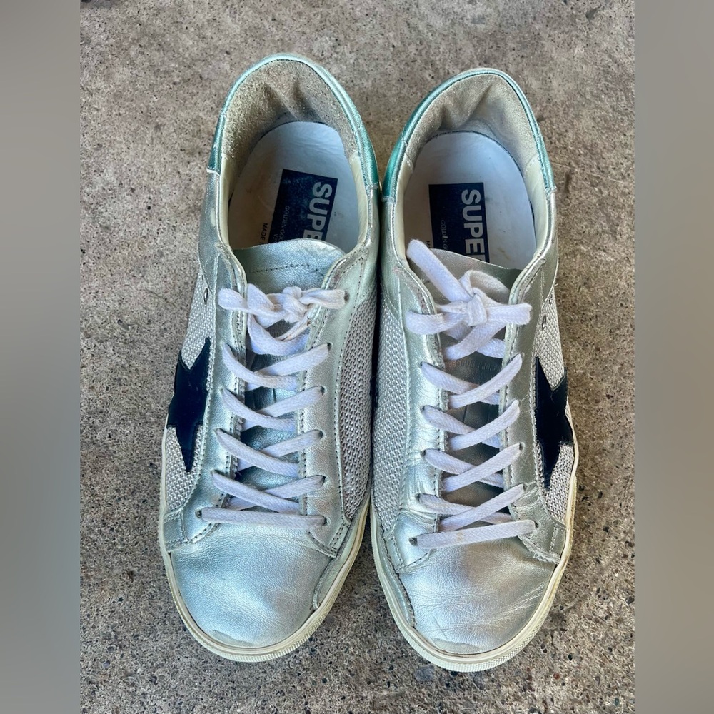 Golden Goose Superstar White Silver Half Green Laminated Leather Sneakers SzEU38 - Picture 2 of 11